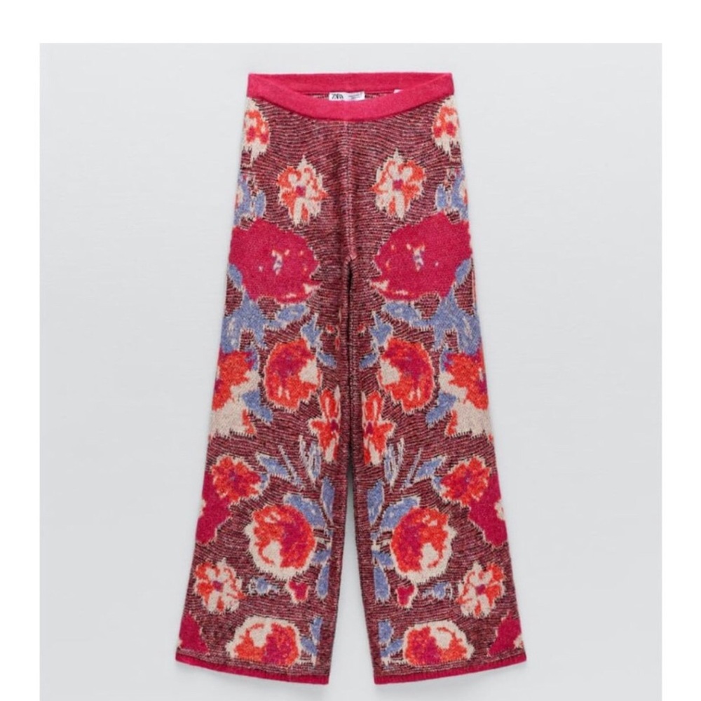 Floral jacquard wool blend straight leg knit pants